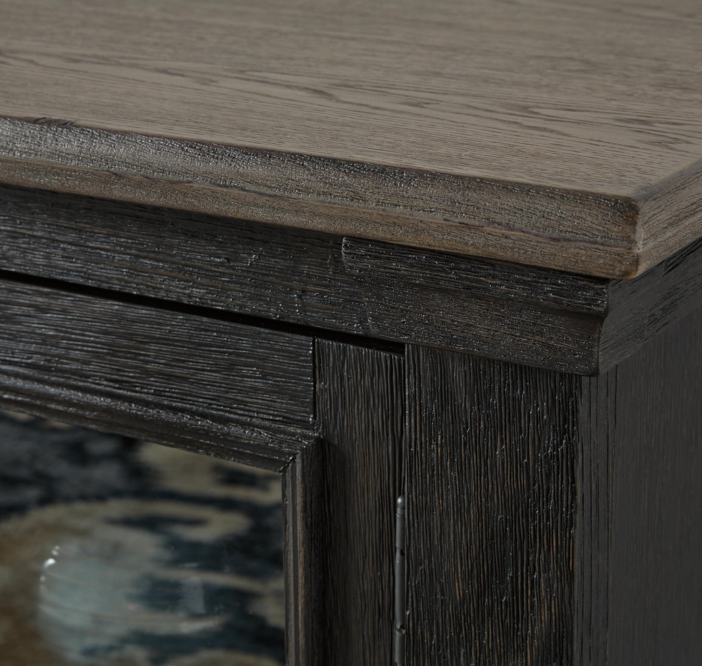 Tyler Creek 74" TV Stand in Black/Gray, detail view