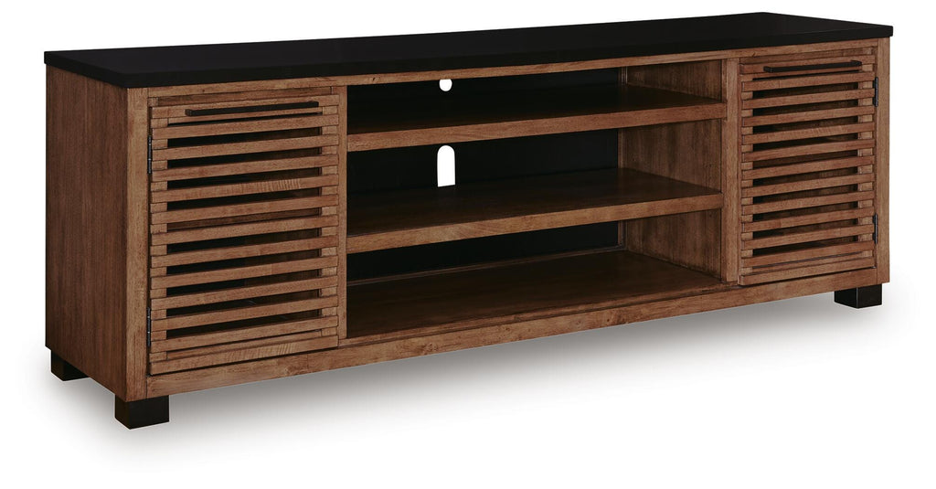 Kallari 84" TV Stand in Warm Brown/Black, closed view