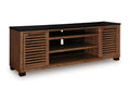 Kallari 84" TV Stand in Warm Brown/Black, closed view