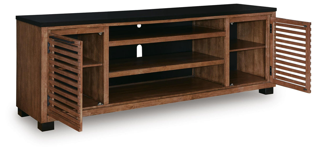 Kallari 84" TV Stand in Warm Brown/Black, open view
