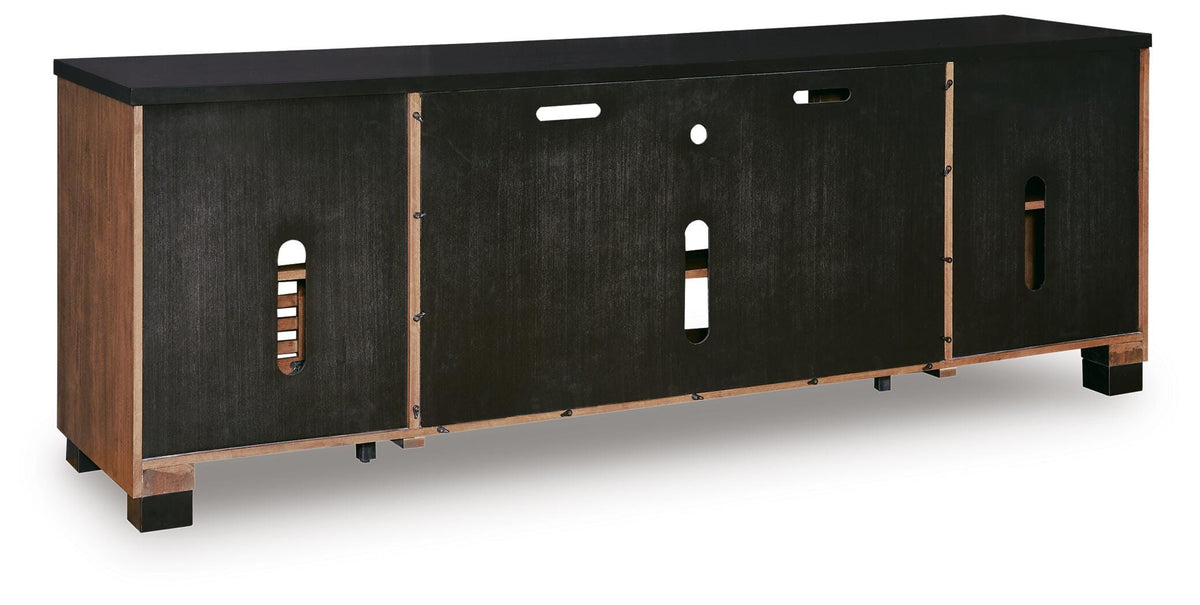 Kallari 84" TV Stand in Warm Brown/Black, back view