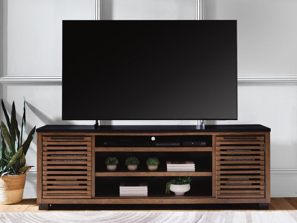 Kallari 84" TV Stand in Warm Brown/Black, closed view