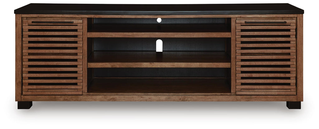 Kallari 84" TV Stand in Warm Brown/Black, front view
