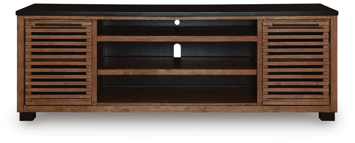 Kallari 84" TV Stand in Warm Brown/Black, front view