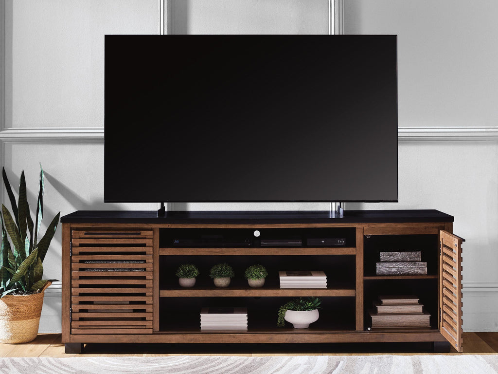 Kallari 84" TV Stand in Warm Brown/Black, open view