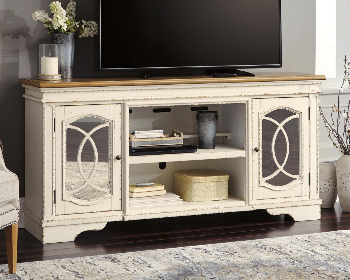 Realyn 74" TV Stand in Chipped White, lifestyle view