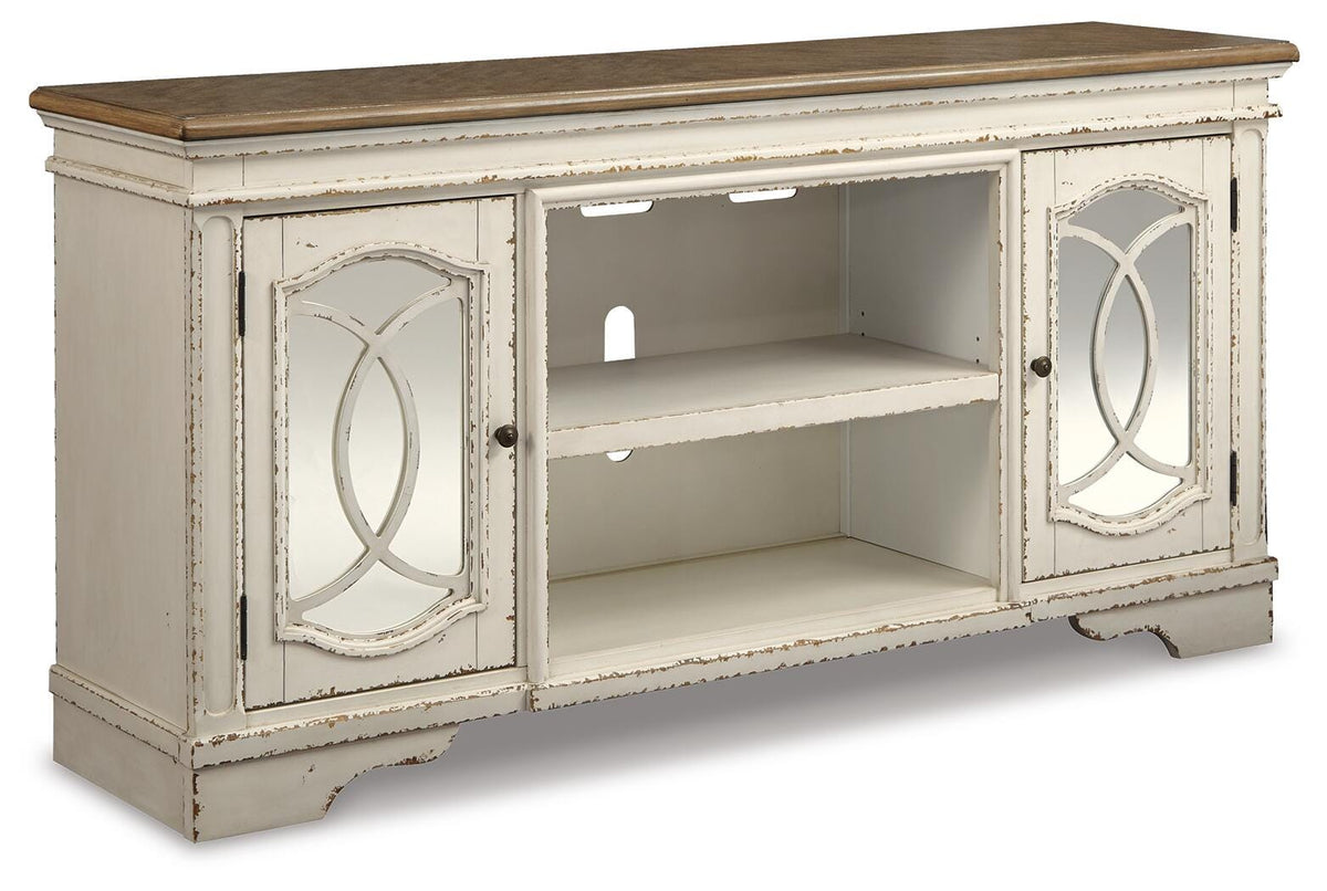 Realyn 74" TV Stand in Chipped White, angle view