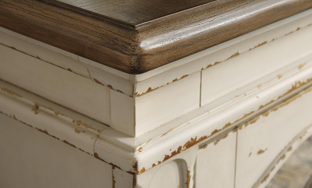 Realyn 74" TV Stand in Chipped White, detail view