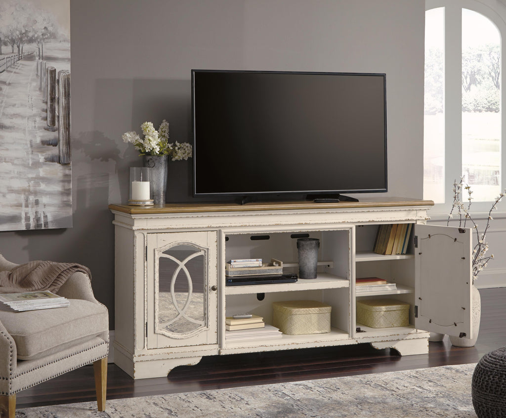 Realyn 74" TV Stand in Chipped White, open view