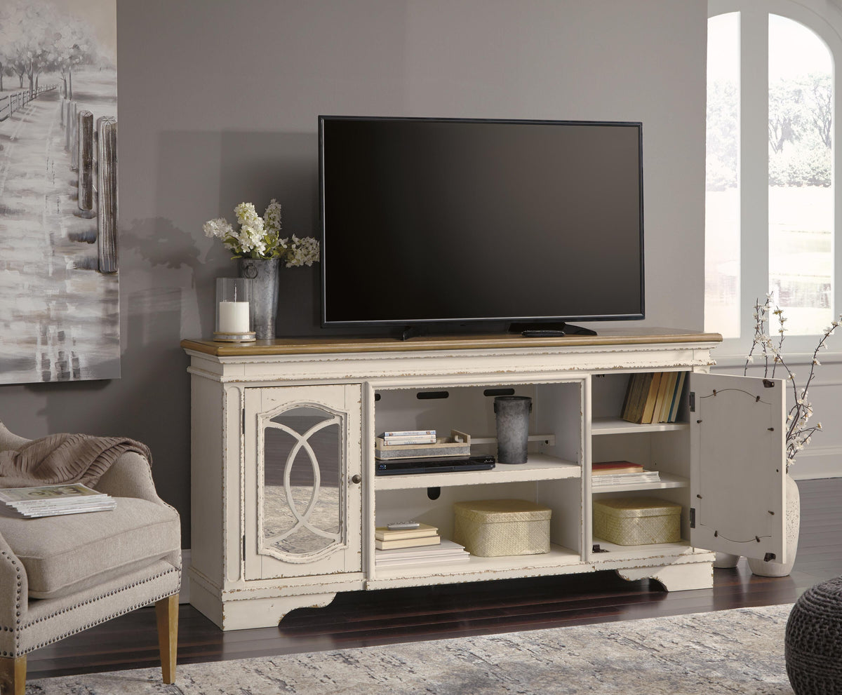 Realyn 74" TV Stand in Chipped White, open view