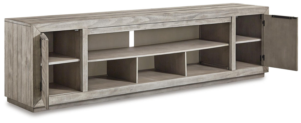 Naydell 92" TV Stand in Gray, open view