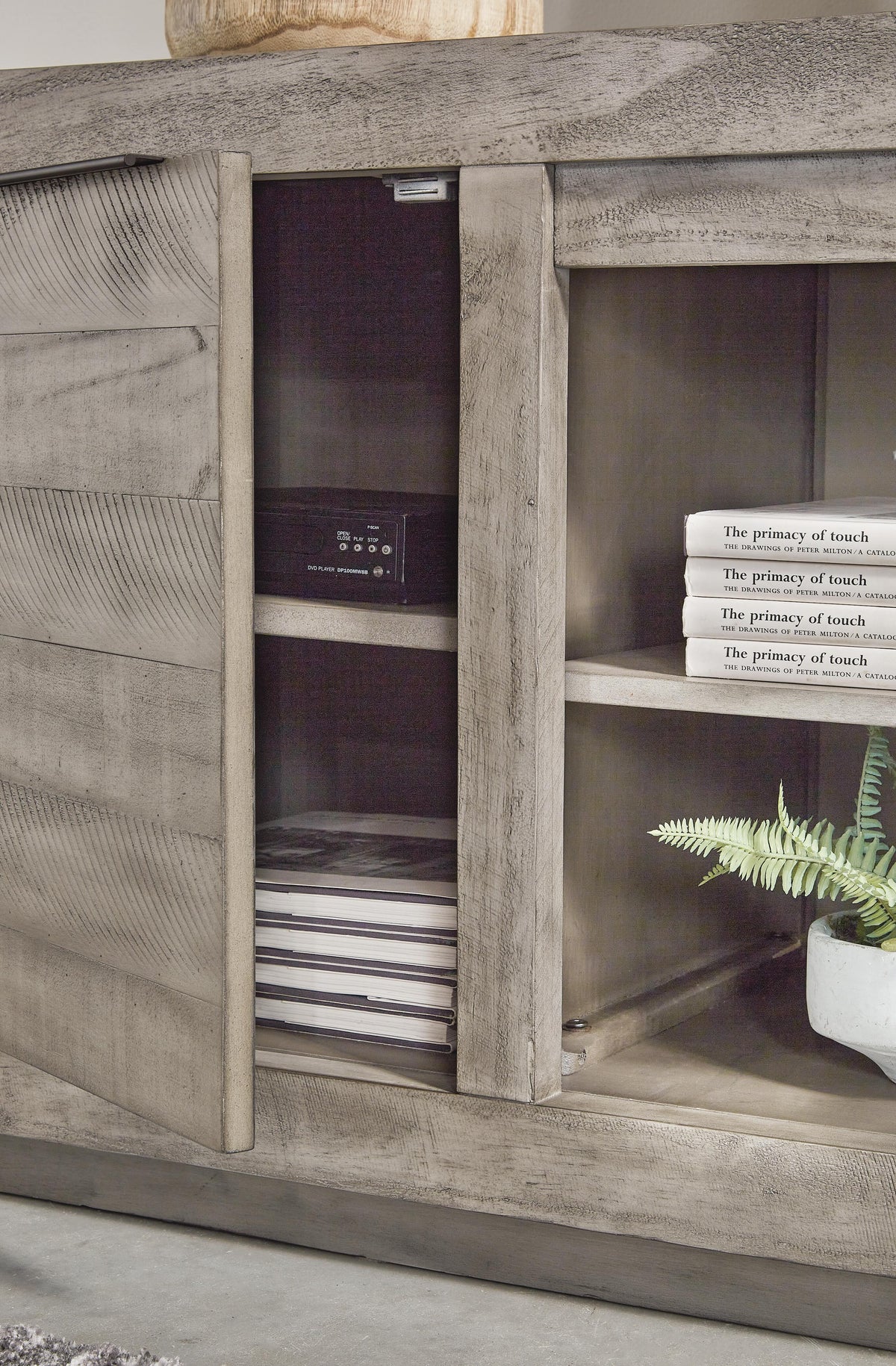 Naydell 92" TV Stand in Gray, detail view